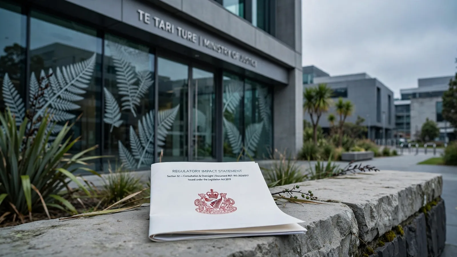 New Zealand regulatory building with silver fern detail and official document on stone ledge