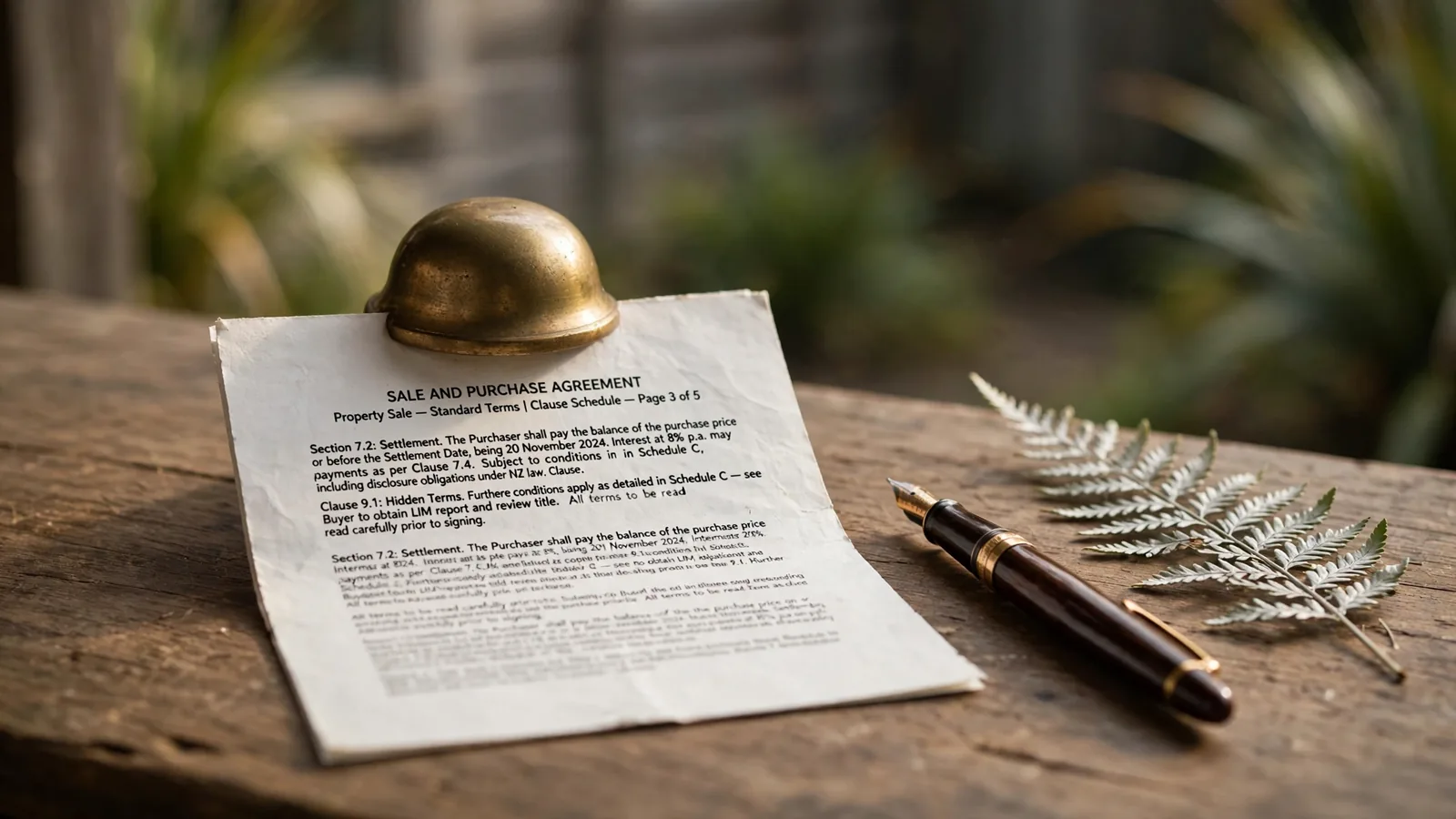 Fine-print contract page under a brass paperweight with a fountain pen and silver fern